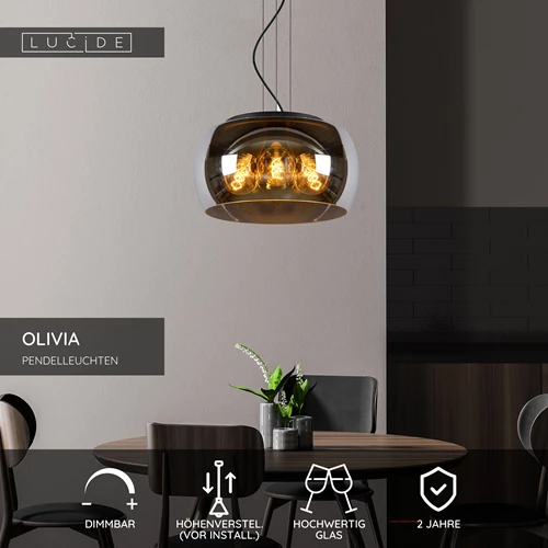 Lucide OLIVIA - Pendelleuchten - Ø 40 cm - 3xE27 - Rauchfarbe Grau - USP